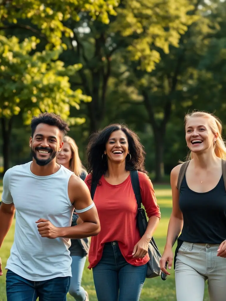 A diverse group of people (both men and women) smiling and engaging in various activities, representing the improved quality of life after PelviForte treatments.