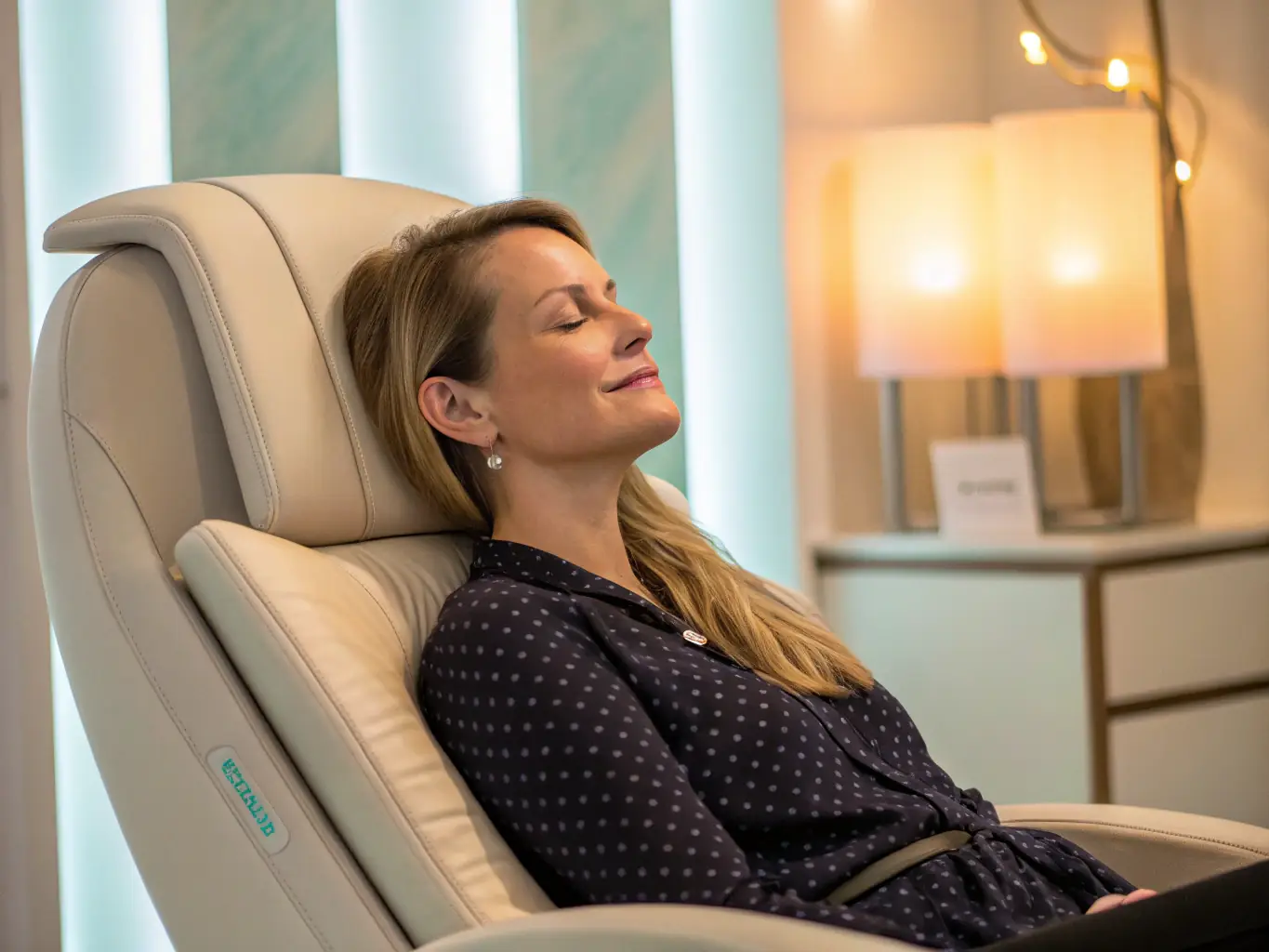 A person sitting comfortably and fully clothed on the PelviForte device, smiling confidently, with a bright and modern HUPHUP center in the background.