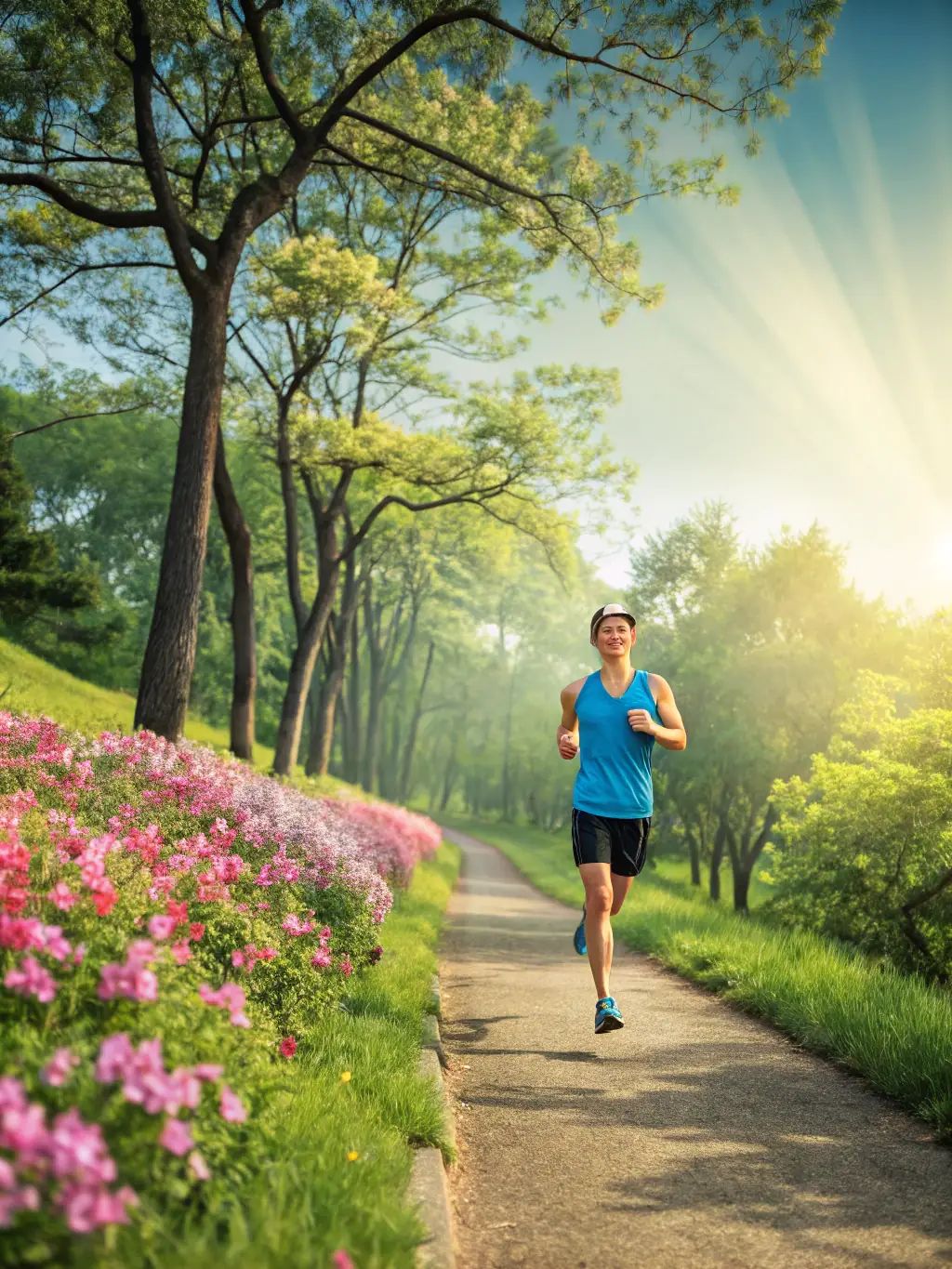 A picture of a person laughing freely while jogging in a park, symbolizing freedom from urinary incontinence thanks to PelviForte.