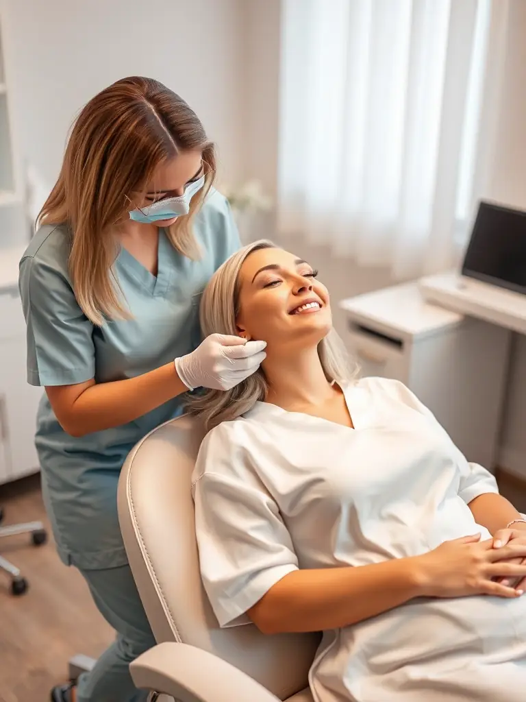 A person comfortably seated in the PelviForte chair, fully clothed, undergoing a HIFEM treatment. The setting is a modern, clean HUPHUP center.